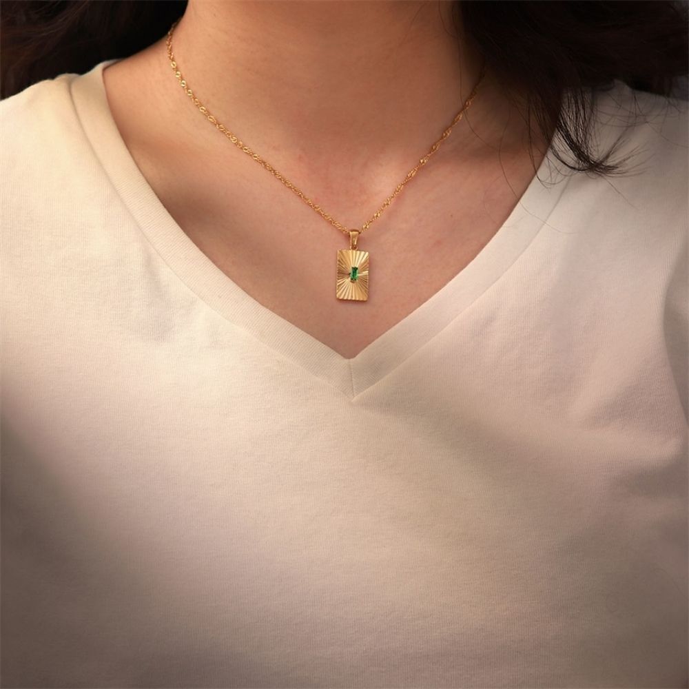 Emerald Green Cubic Zirconia 18K Gold Plated Stainless Steel Pendant Necklace - Picture 5 of 15